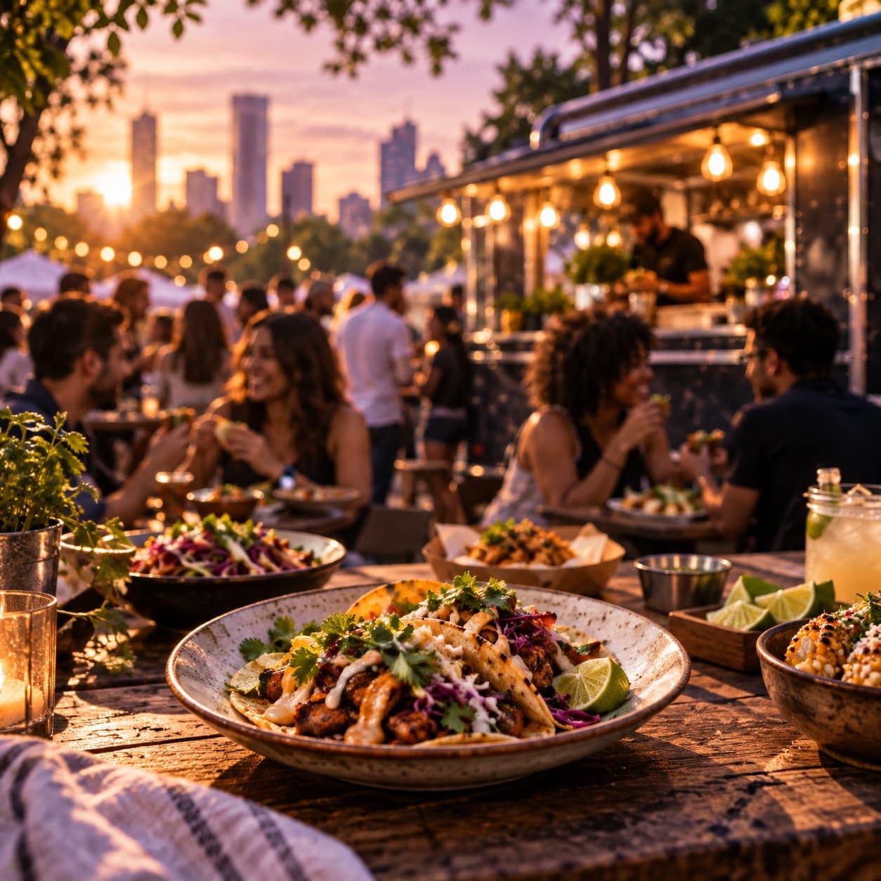 Diners sharing tacos and grilled food at an outdoor Feast at dusk with a food truck and city skyline behind them