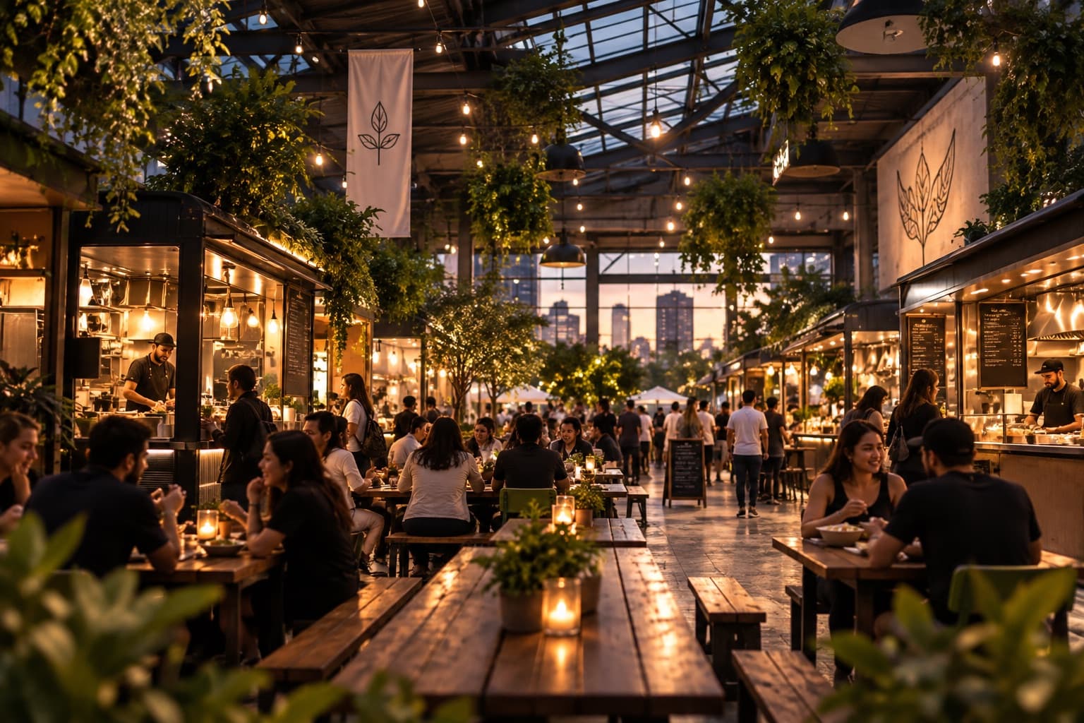 An indoor food hall market at dusk with string lights, plants, and vendors serving diners at long tables