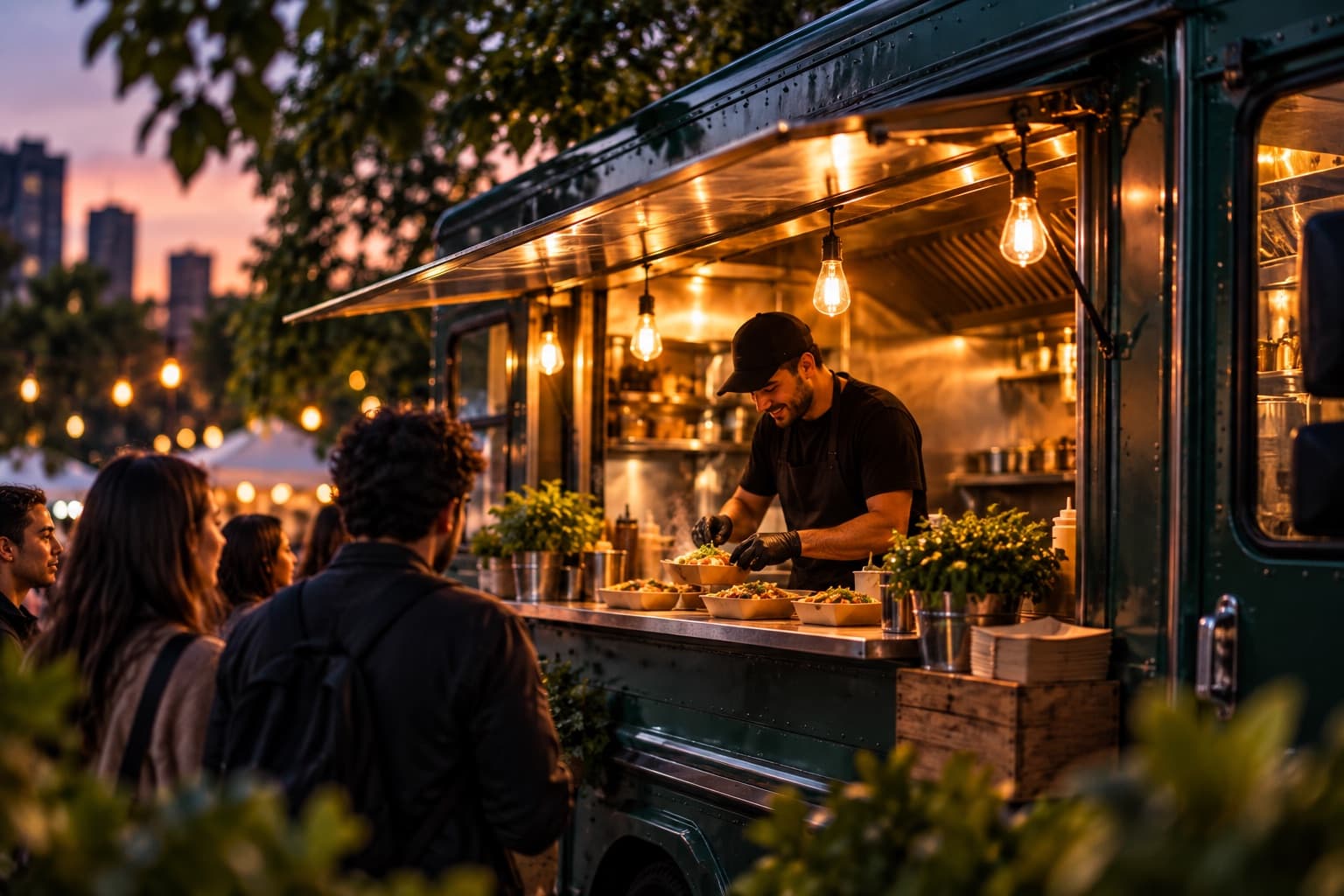 A smiling vendor serving food from a truck at dusk